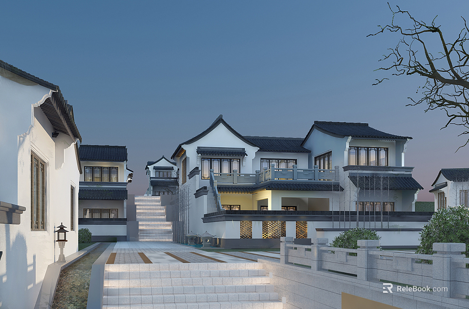 Traditional Chinese Detached Villa With White Walls Black Tiles Courtyard And Stone Steps 3d model 