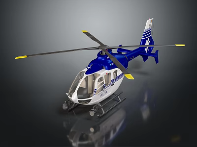 Blue and White Helicopter Model with Yellow Tip Rotors and Detailed Fuselage on Reflective Surface 3d model