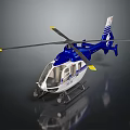 Blue and White Helicopter Model with Yellow Tip Rotors and Detailed Fuselage on Reflective Surface