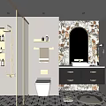 Modern Bathroom Interior with Arch Mirror Dark Vanity and Patterned Tiled Floor Design