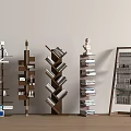 Various Bookshelves Including Upright Spiral With Small Decor Magazines Against Light Colored Wall Wooden Floor
