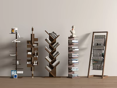 Various Bookshelves Including Upright Spiral With Small Decor Magazines Against Light Colored Wall Wooden Floor 3d model