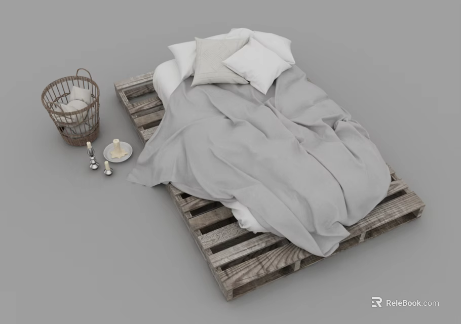 Wooden Pallet Double Bed Featuring Gray Bedding White Pillows And Woven Basket On Neutral Background 3d model 