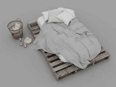 Wooden Pallet Double Bed Featuring Gray Bedding White Pillows And Woven Basket On Neutral Background 3d model