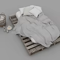 Wooden Pallet Double Bed Featuring Gray Bedding White Pillows And Woven Basket On Neutral Background