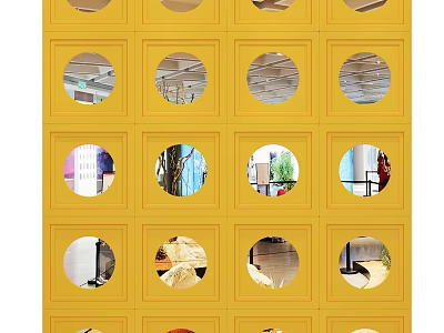Yellow Decorative Partition With Round Openings And Various Scenes Visible Through 3d model
