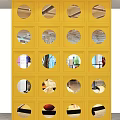 Yellow Decorative Partition With Round Openings And Various Scenes Visible Through