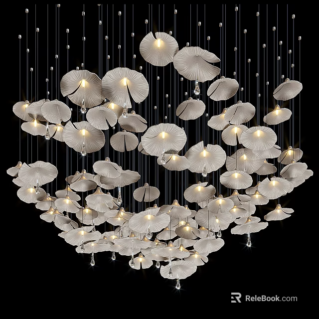 Modern White Lotus Leaf Shaped Chandelier With Illuminated Petals And Crystal Pendants 3d model 