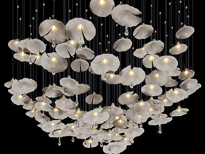 Modern White Lotus Leaf Shaped Chandelier With Illuminated Petals And Crystal Pendants 3d model