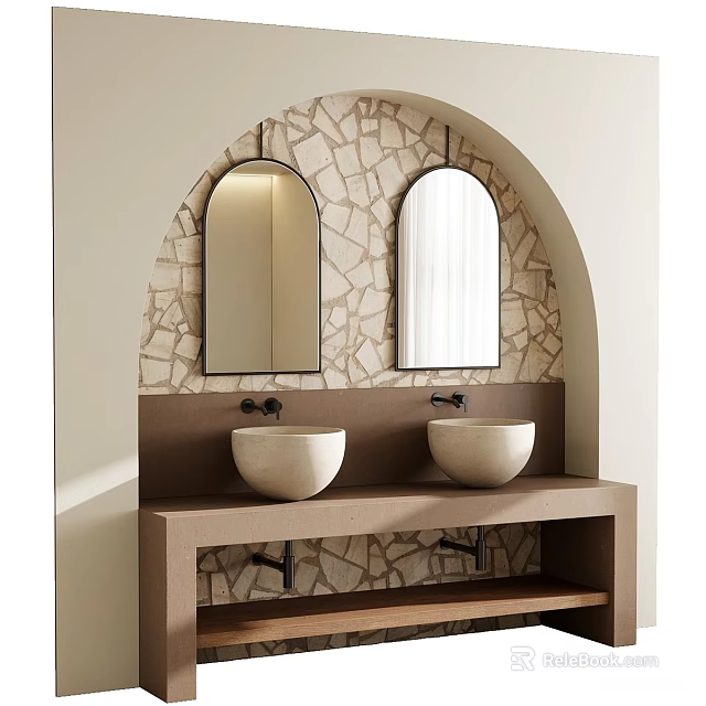 Double Basin Stone Washbasin Vanity With Round Mirrors And Stone Wall Decor 3d model 