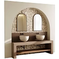 Double Basin Stone Washbasin Vanity With Round Mirrors And Stone Wall Decor