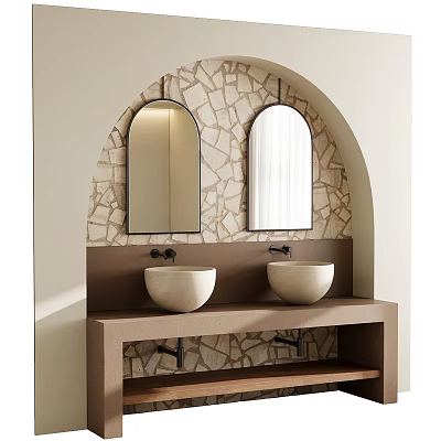 Double Basin Stone Washbasin Vanity With Round Mirrors And Stone Wall Decor 3d model