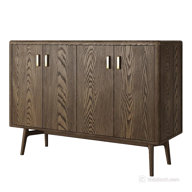Modern Dark Brown Wooden Sideboard With Wood Grain Metal Handles And Slender Legs 3d model 