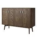 Modern Dark Brown Wooden Sideboard With Wood Grain Metal Handles And Slender Legs