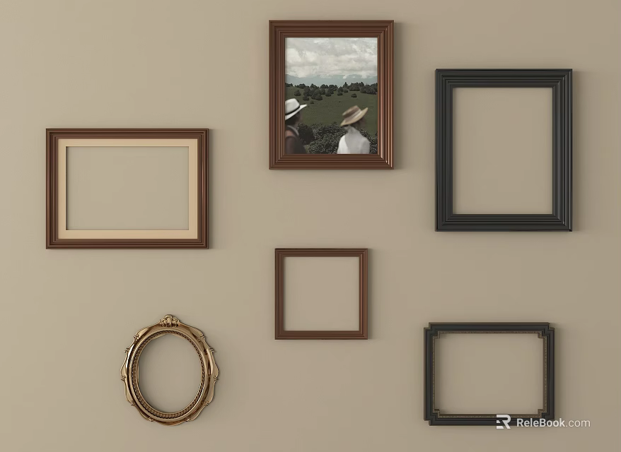 Wall Frames Display With Various Shapes Colors And Artwork Of People In Field 3d model 