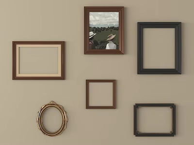 Wall Frames Display With Various Shapes Colors And Artwork Of People In Field 3d model