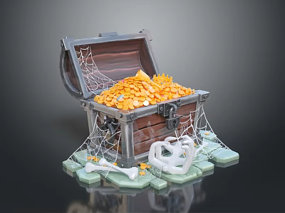 Open Treasure Chest Filled With Gold Coins And Surrounded By Spider Webs Bones Skull 3d model