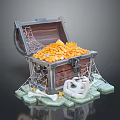 Open Treasure Chest Filled With Gold Coins And Surrounded By Spider Webs Bones Skull