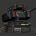 Sci Fi Mechanical Turret 3D Model With Armored Structure Multiple Weapon Systems And Warning Signs