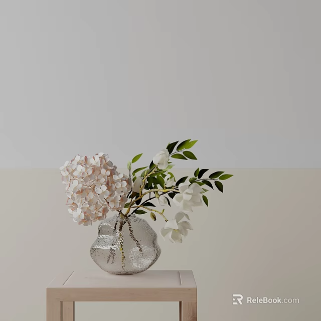 Potted Plant With Pink White Hydrangeas Green Leaves On Light Table Light Gray Beige Wall 3d model 
