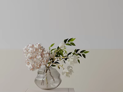 Potted Plant With Pink White Hydrangeas Green Leaves On Light Table Light Gray Beige Wall 3d model