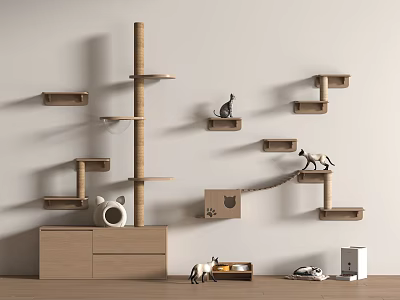 Modern Wooden Shelving Unit With Wall And Floor Standing Design For Cat Friendly Pet Storage 3d model