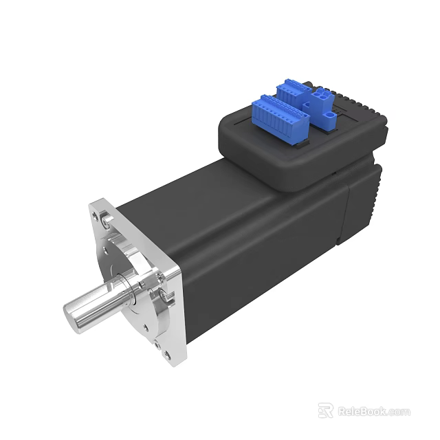 Industrial Stepper Motor With Black Housing Silver Shaft And Blue Connectors 3d model 