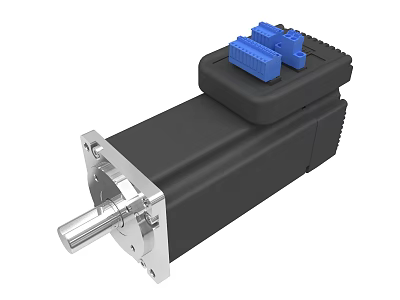 Industrial Stepper Motor With Black Housing Silver Shaft And Blue Connectors 3d model