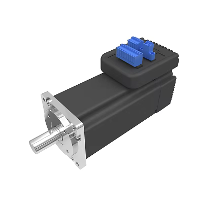 Industrial Stepper Motor With Black Housing Silver Shaft And Blue Connectors 3d model