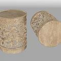 Golden Cylindrical Stools With Intricate Cutout Patterns And Ornate Decorative Edges