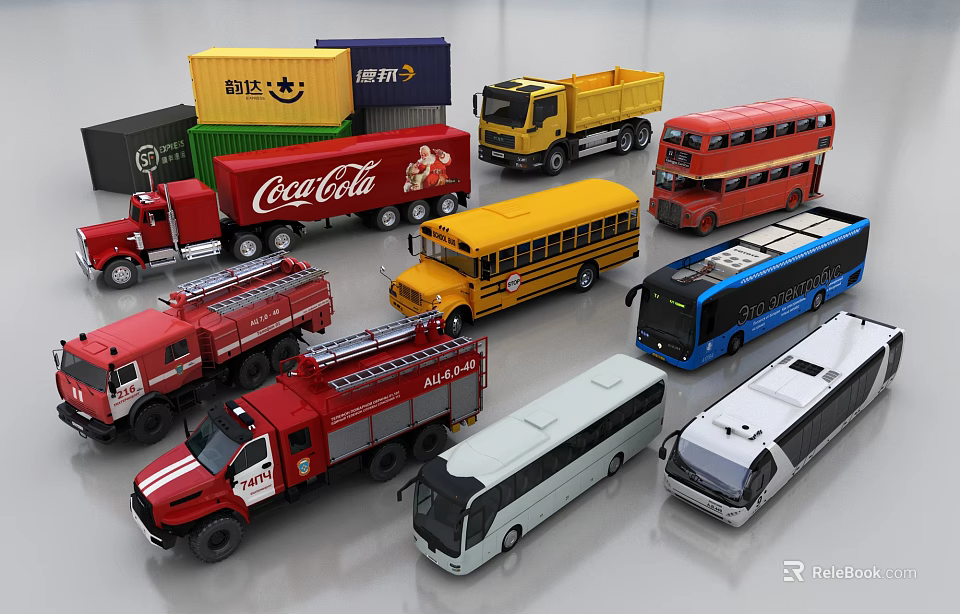 Toy Vehicle Collection Featuring Fire Truck Bus School Bus And Cargo Truck Models 3d model 