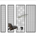Interior White Wall with Glass Grid Partitions Brown Chair and Green Plant in Background