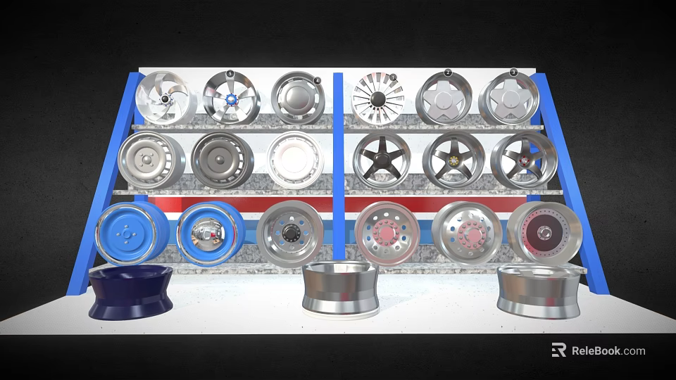 Fitness Exercise Bike Wheel Varieties With Different Designs And Colors On Display Rack 3d model 