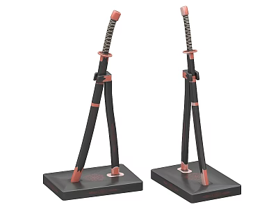 Traditional Samurai Swords on Black Tripod Stands with Red Accents and Wrapped Handles 3d model
