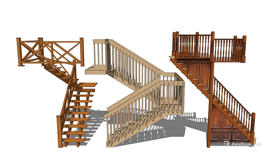 Different Traditional Wooden Staircase Designs With Railings Steps And Platforms 3d model 