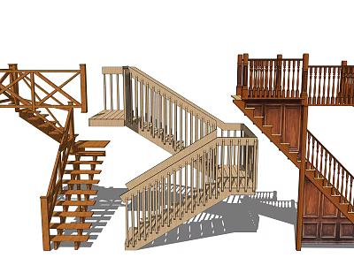 Different Traditional Wooden Staircase Designs With Railings Steps And Platforms 3d model
