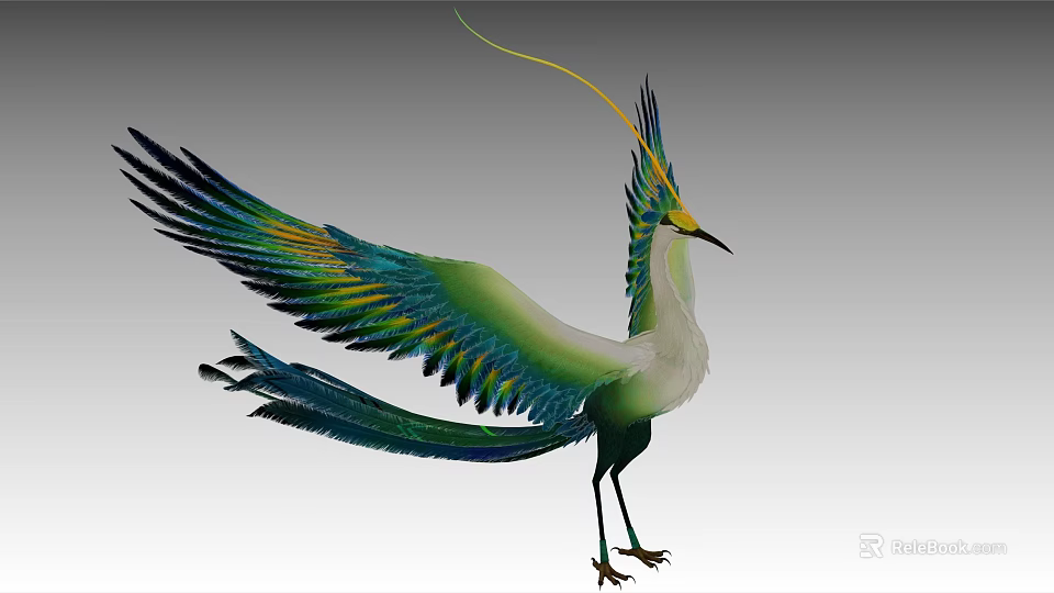 Colorful Bird With Spread Wings Vibrant Green Blue Feathers Crested Head And Long Tail 3d model 