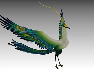 Colorful Bird With Spread Wings Vibrant Green Blue Feathers Crested Head And Long Tail 3d model