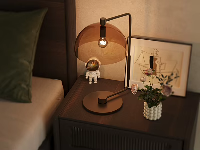 Wooden Bedside Table With Modern Lamp Astronaut Figurine Framed Art And White Vase In Bedroom 3d model