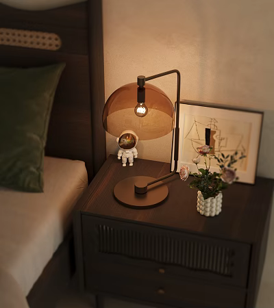 Wooden Bedside Table With Modern Lamp Astronaut Figurine Framed Art And White Vase In Bedroom 3d model