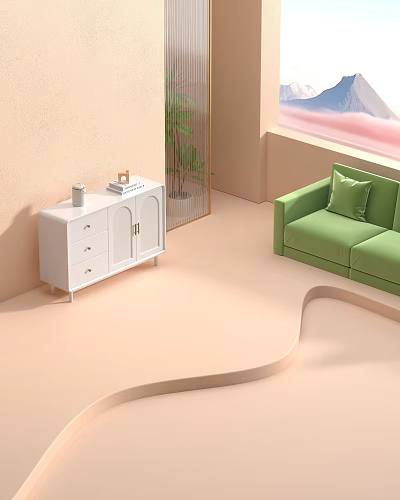 Bright Living Room Interior With Green Sofa White Cabinet And Potted Plant 3d model