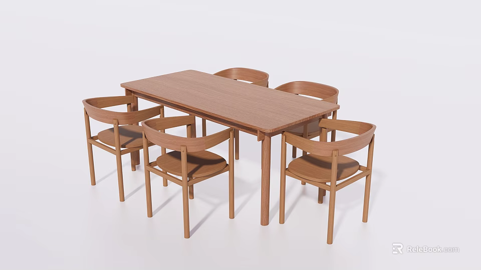 Modern Wooden Dining Table Set with Six Chairs and Rectangle Design 3d model