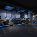 Futuristic Cybercafe Interior With Blue LED Lighting And Modern Corridor Design