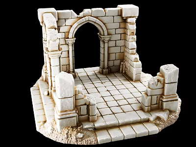 Ancient Stone Ruins Scene With Archway Weathered Walls And Stone Floor Tiles 3d model