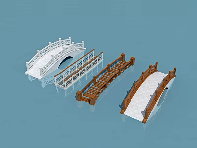 Three Different Designed Bridges With Wooden And Stone Structures And Railings Over Water 3d model