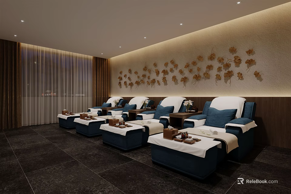 SPA Sauna Interior Design With Comfortable Lounge Chairs Decorative Wall Stone Flooring And Soft Lighting 3d model 