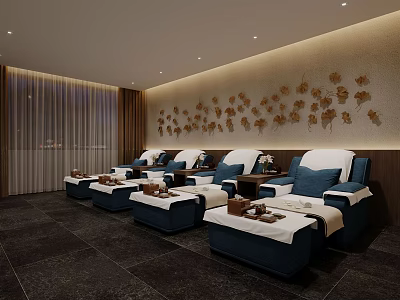 SPA Sauna Interior Design With Comfortable Lounge Chairs Decorative Wall Stone Flooring And Soft Lighting 3d model