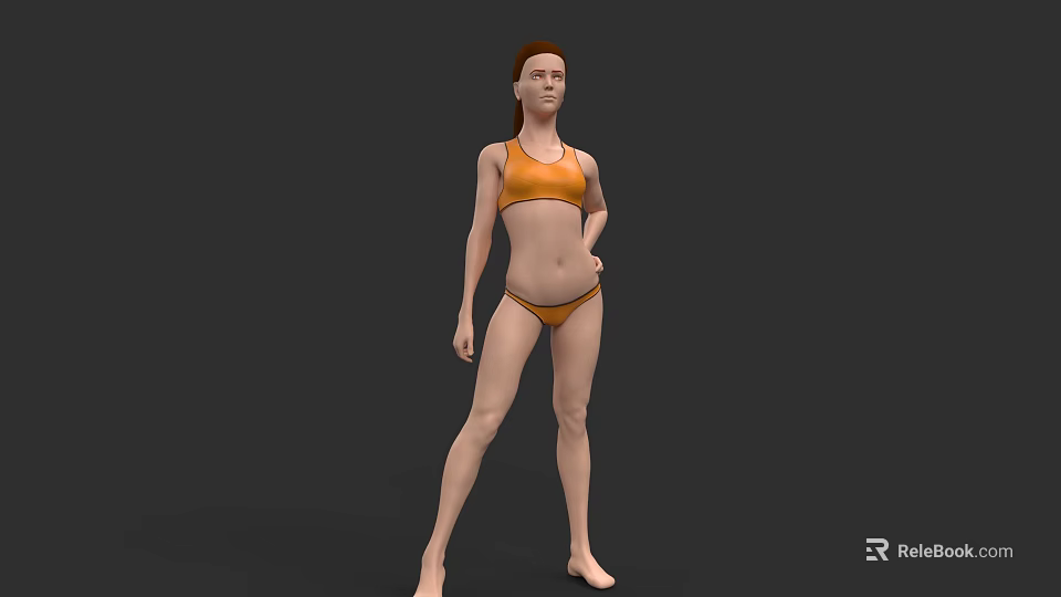 Woman in Orange Bikini Standing in 3D Model Pose with Gray Background 3d model 