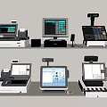 Various Cash Registers Displayed On Two Layer Shelves With Different Screens And Devices