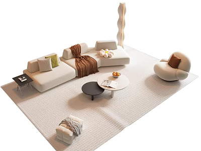 Modern L Shaped Light Colored Sofa Set With Armchair Coffee Table Throw Pillows And Rug 3d model